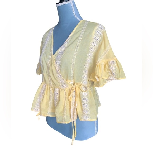 Zara Ruffled Sleeve Embroidered Peasant Wrap Top Yellow Size Medium - Picture 3 of 13